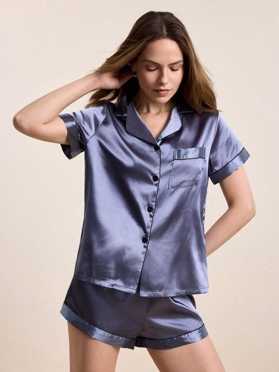 Contrast Piping Satin PJ Set / Pajama Set for Summer Contrast Piping Satin PJ Set / Pajama Set for Summer