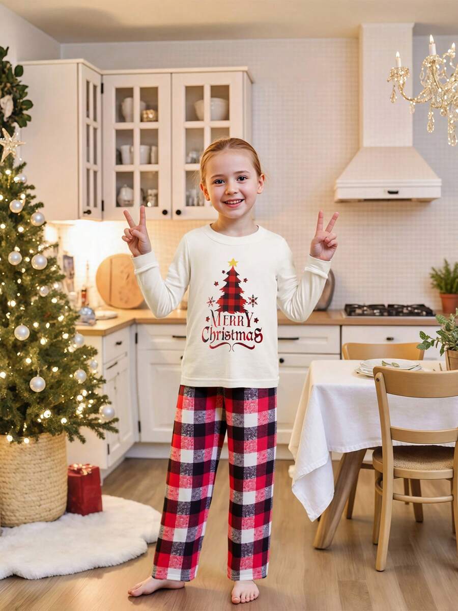 Christmas Parent-Child Pajama Set, Christmas Pajamas, Family-Friendly Christmas Pajamas, Christmas Family Pajama Set, Featuring A Long-Sleeved Top With Christmas Tree Letter Patterns And Plaid Pants. Suitable For A Family Of Four, This Christmas Pajama Se