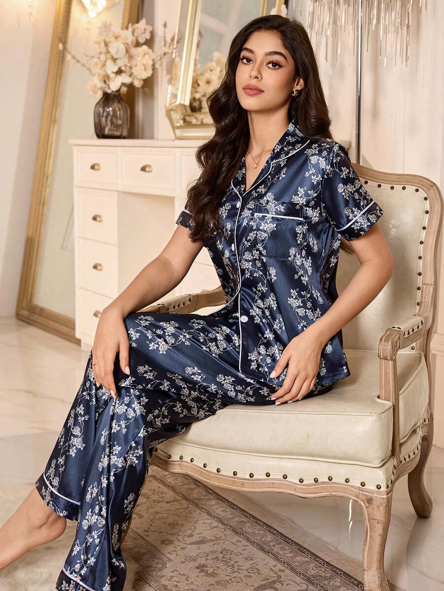 Floral Print Short Sleeve Pajama Set With Lapel And Button, Faux Silk Sleepwear