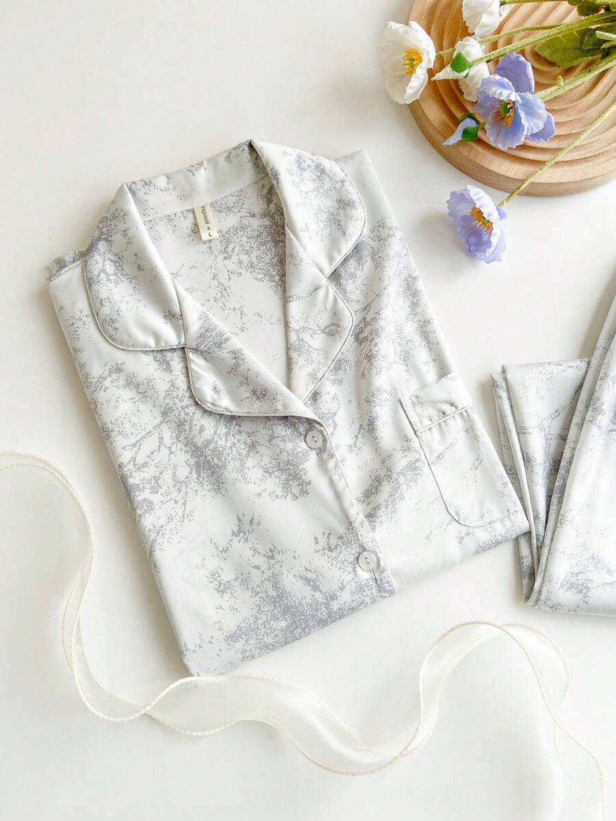 2pcs Women's Ink Printing Ice Silk Simple Home Wear Long Sleeve Top And Pants, Two Pieces Set