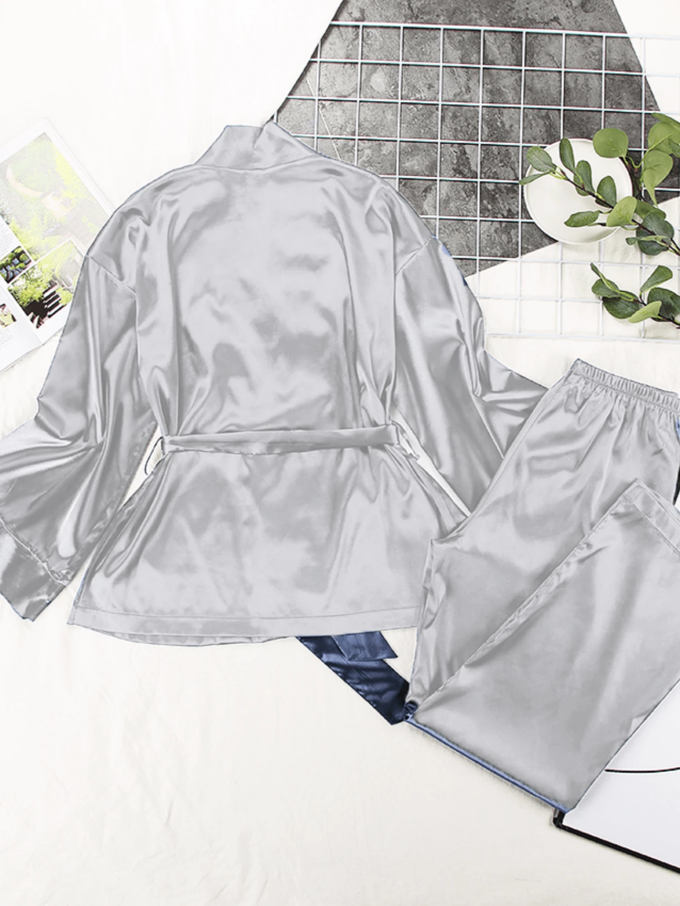 2pcs Women Solid Color Ice Silk Tied Long Sleeve Cardigan And Wide-Leg Pants Sleepwear Set, Comfy, Two Pieces Set