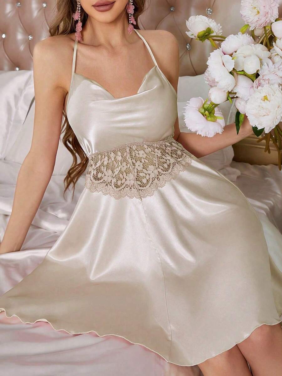 Lace-trimmed satin V-neck women's nightgown with adjustable straps