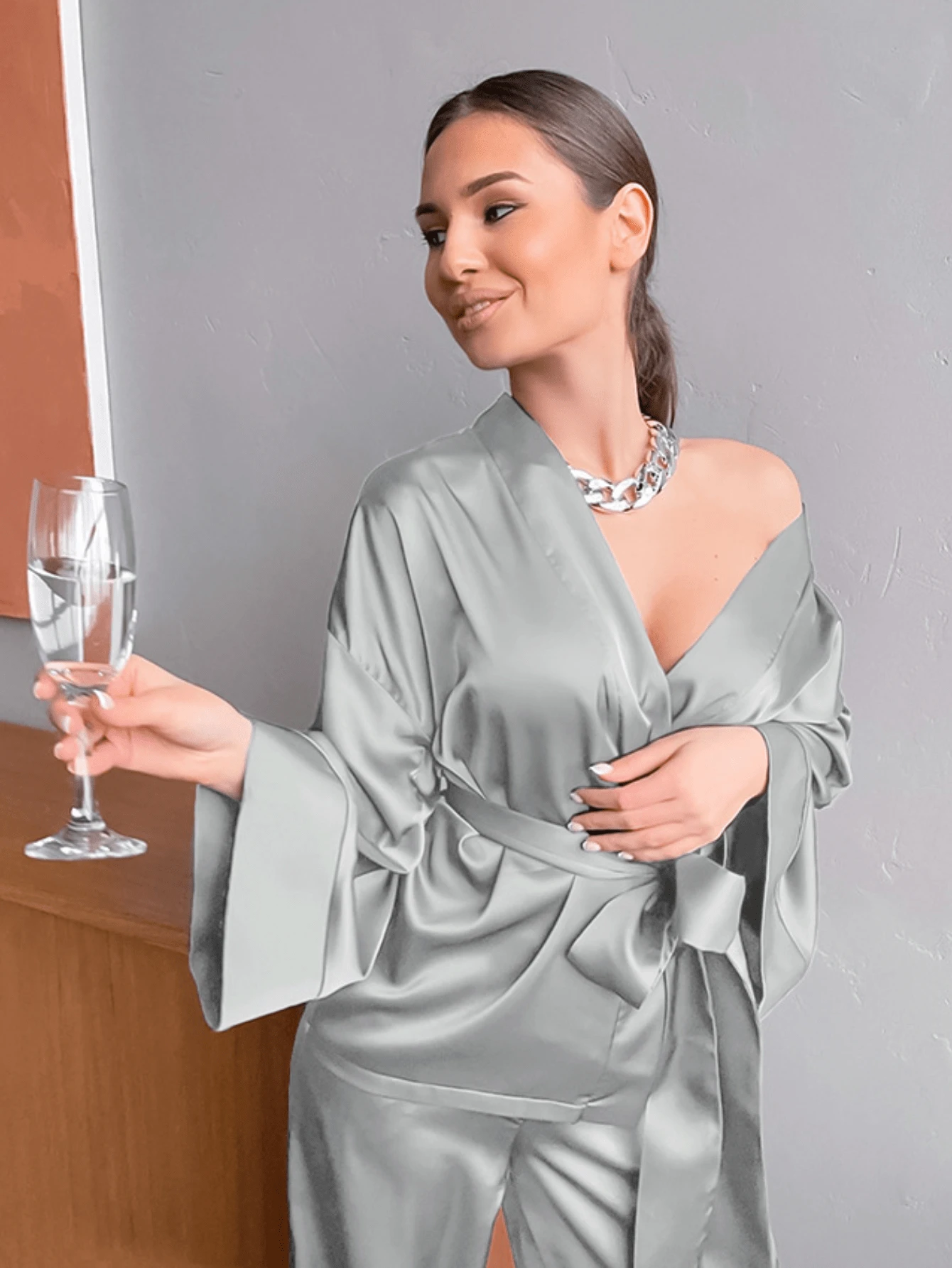 2pcs Women Solid Color Ice Silk Tied Long Sleeve Cardigan And Wide-Leg Pants Sleepwear Set, Comfy, Two Pieces Set