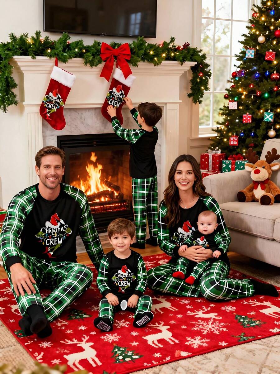 Christmas Parent-Child Pajama Set, Including A Green Monster-Patterned Long-Sleeved Top And Plaid Trousers. Christmas Loungewear.
