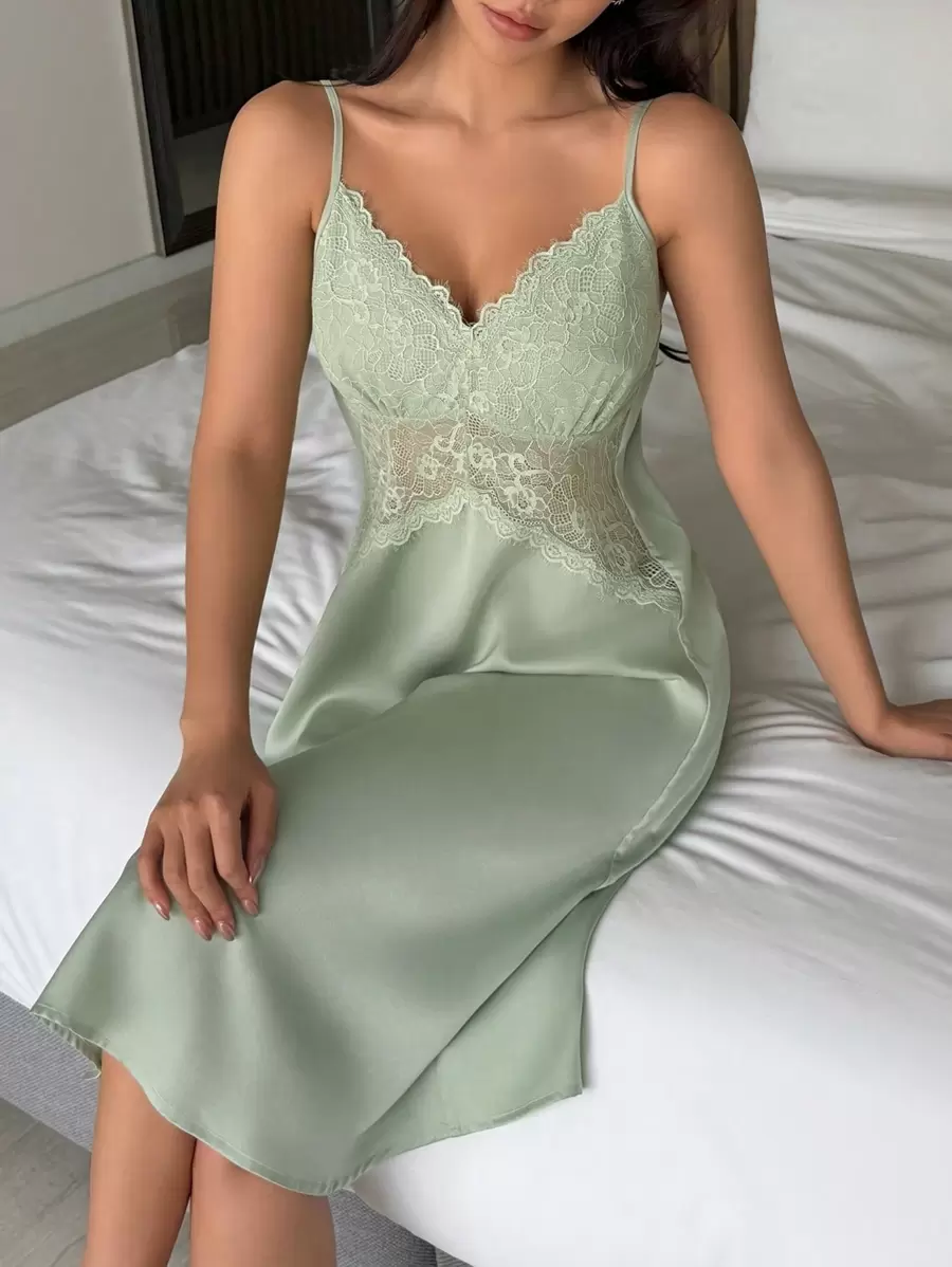 Translucent lace patchwork satin suspender pajamas, pajamas