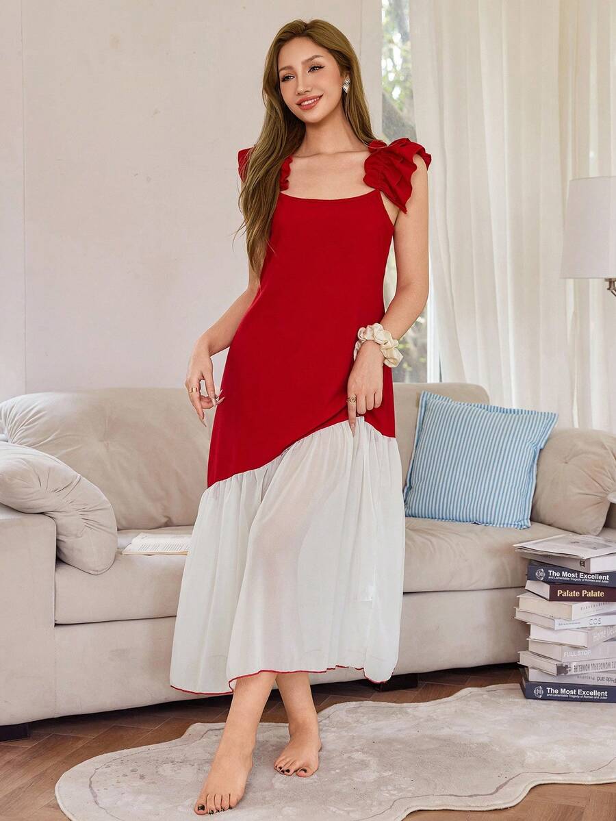 Contrast chiffon patchwork ruffle hem spaghetti strap women's nightgown