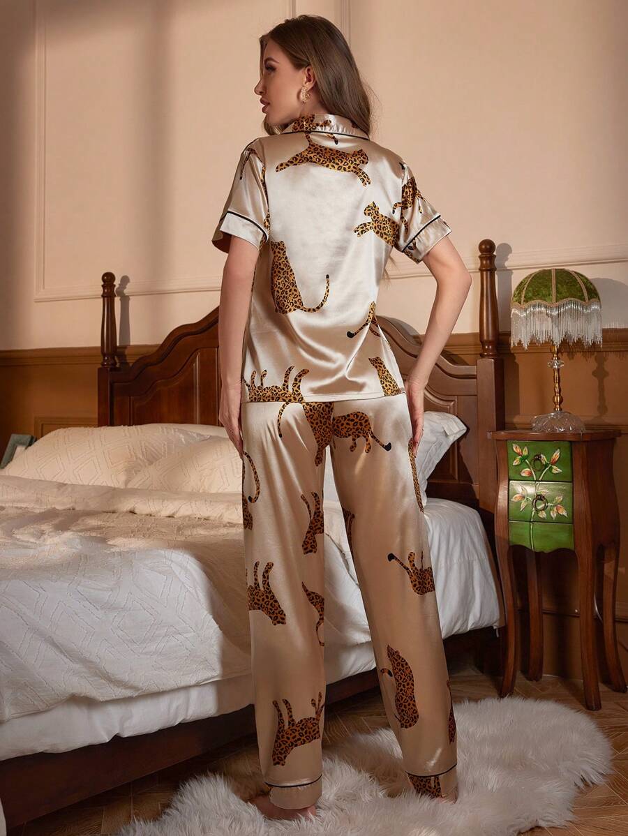 Women's Leopard Print Pajama Set, Silk Pajama Sleepwear