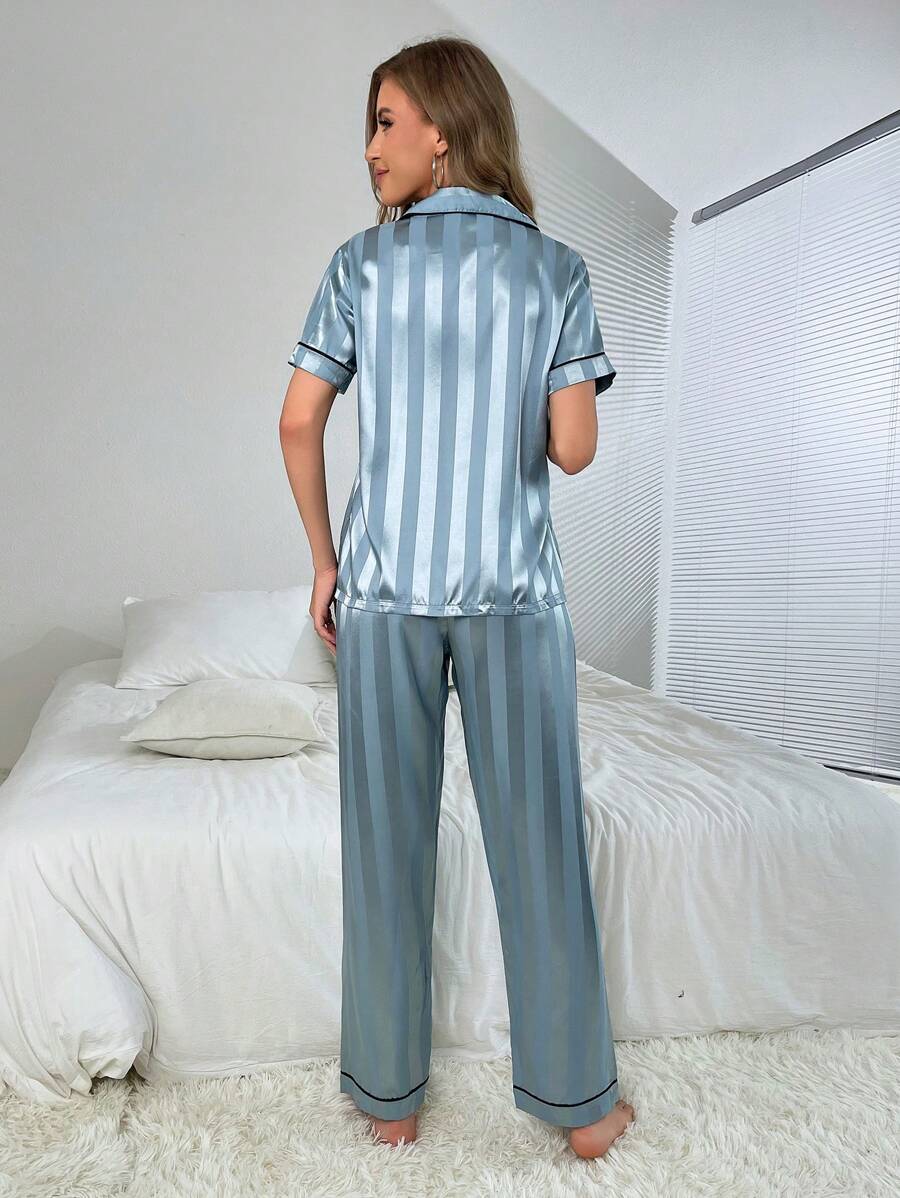 Women Summer Imitation Silk Grid Jacquard Inlaid Contrast Color Thin Edge Lapel Short Sleeve Top & Long Pants Pajama Set