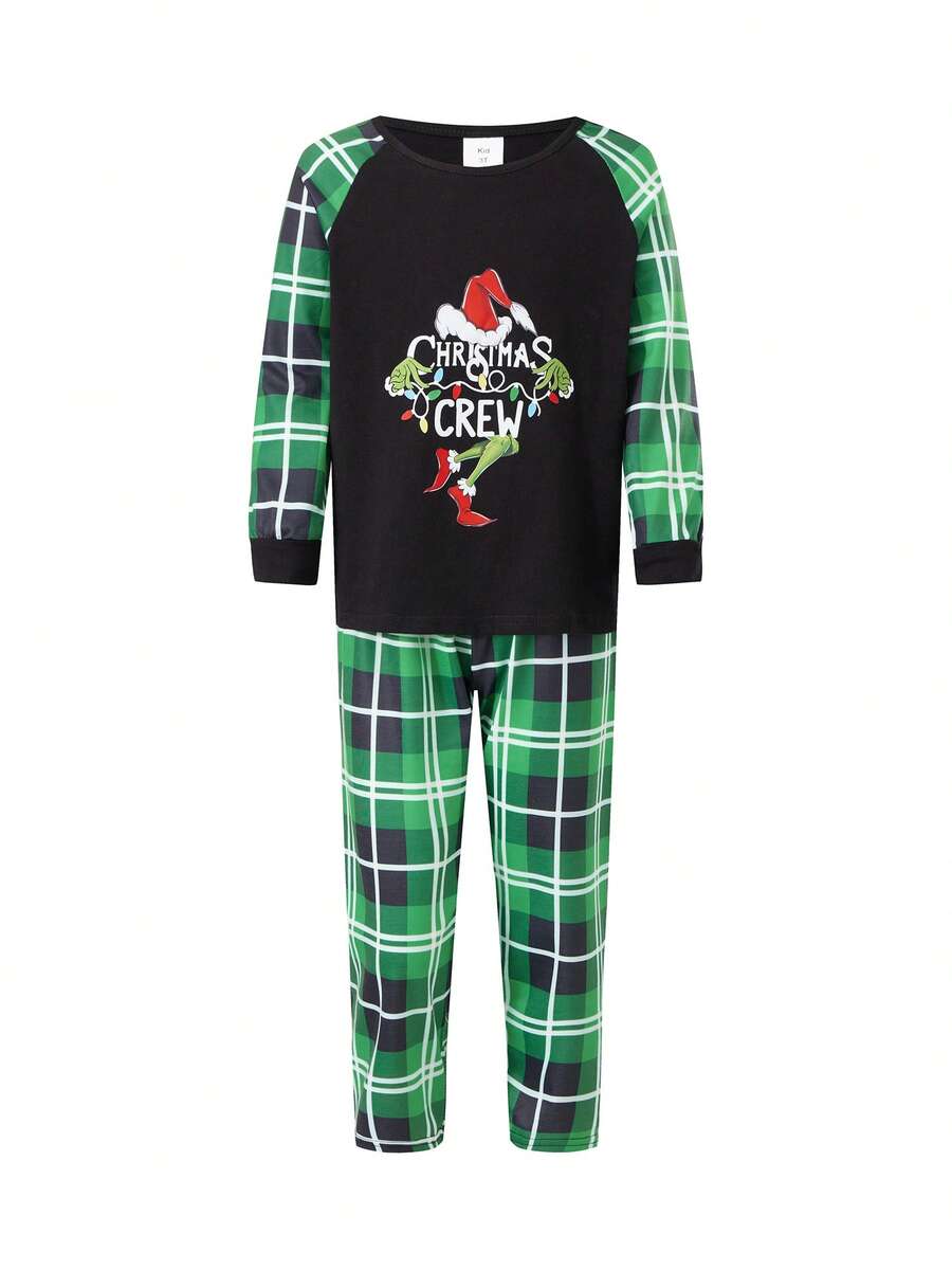 Christmas Parent-Child Pajama Set, Including A Green Monster-Patterned Long-Sleeved Top And Plaid Trousers. Christmas Loungewear.