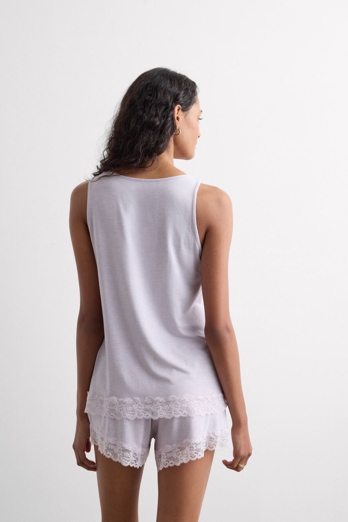 Lace Trim Tank Top Short Pajamas in Modal