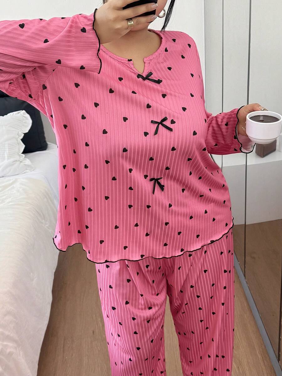 Plus Size Women Ribbed Ruffle Trim Heart Print Long Sleeve Top & Pants Pajama Set With Bow, Winter Clothes