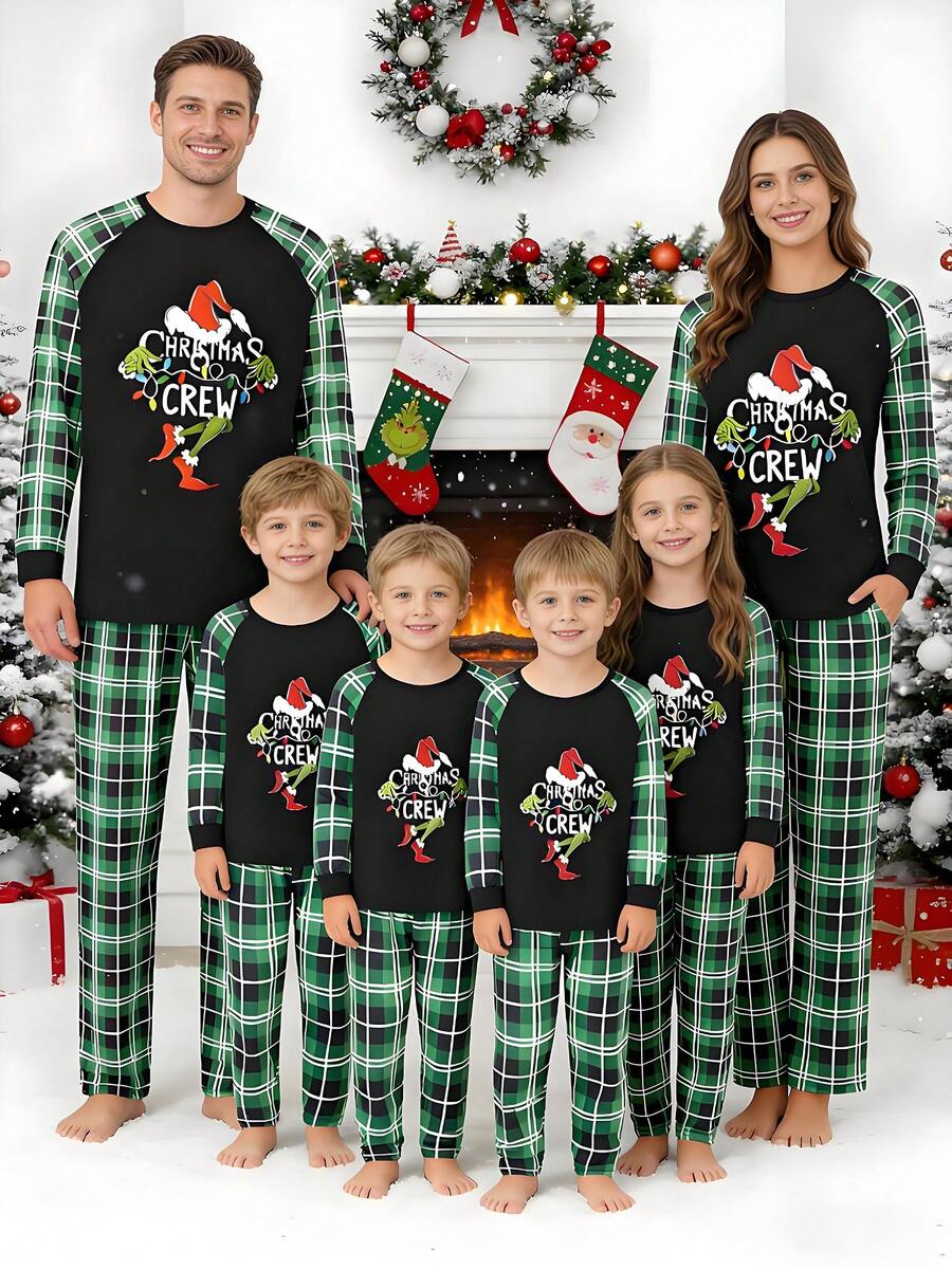 Christmas Parent-Child Pajama Set, Including A Green Monster-Patterned Long-Sleeved Top And Plaid Trousers. Christmas Loungewear.