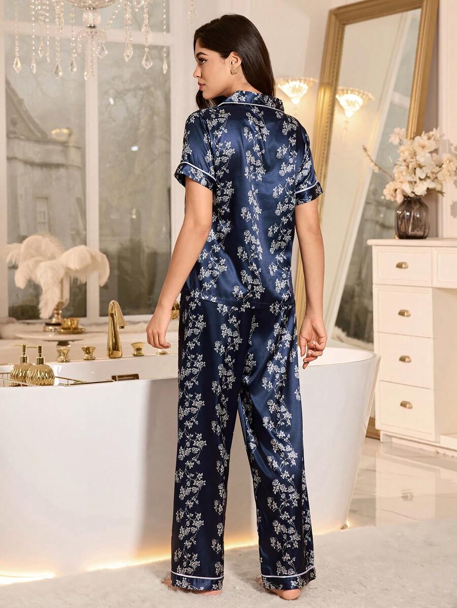 Floral Print Short Sleeve Pajama Set With Lapel And Button, Faux Silk Sleepwear