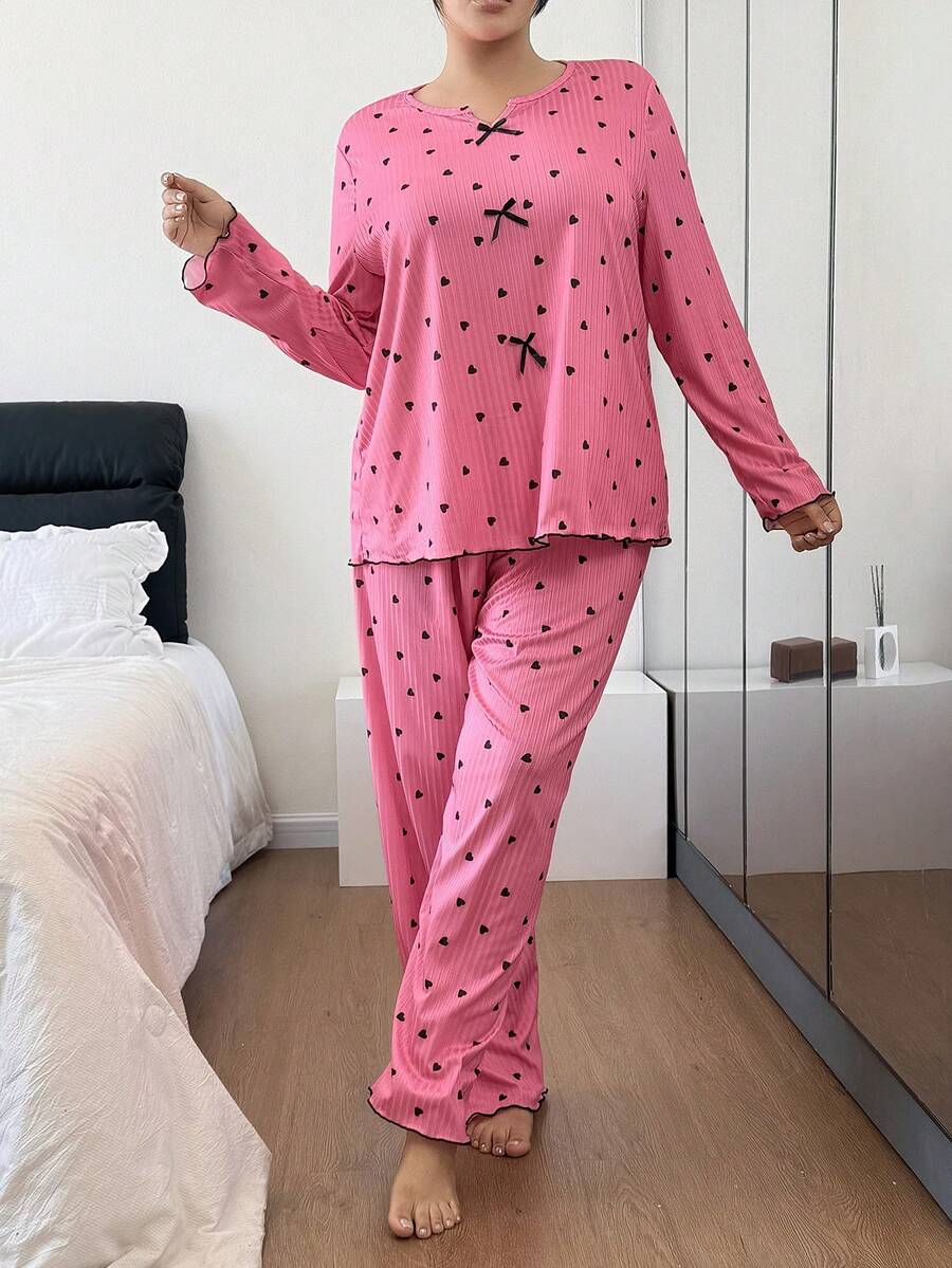 Plus Size Women Ribbed Ruffle Trim Heart Print Long Sleeve Top & Pants Pajama Set With Bow, Winter Clothes