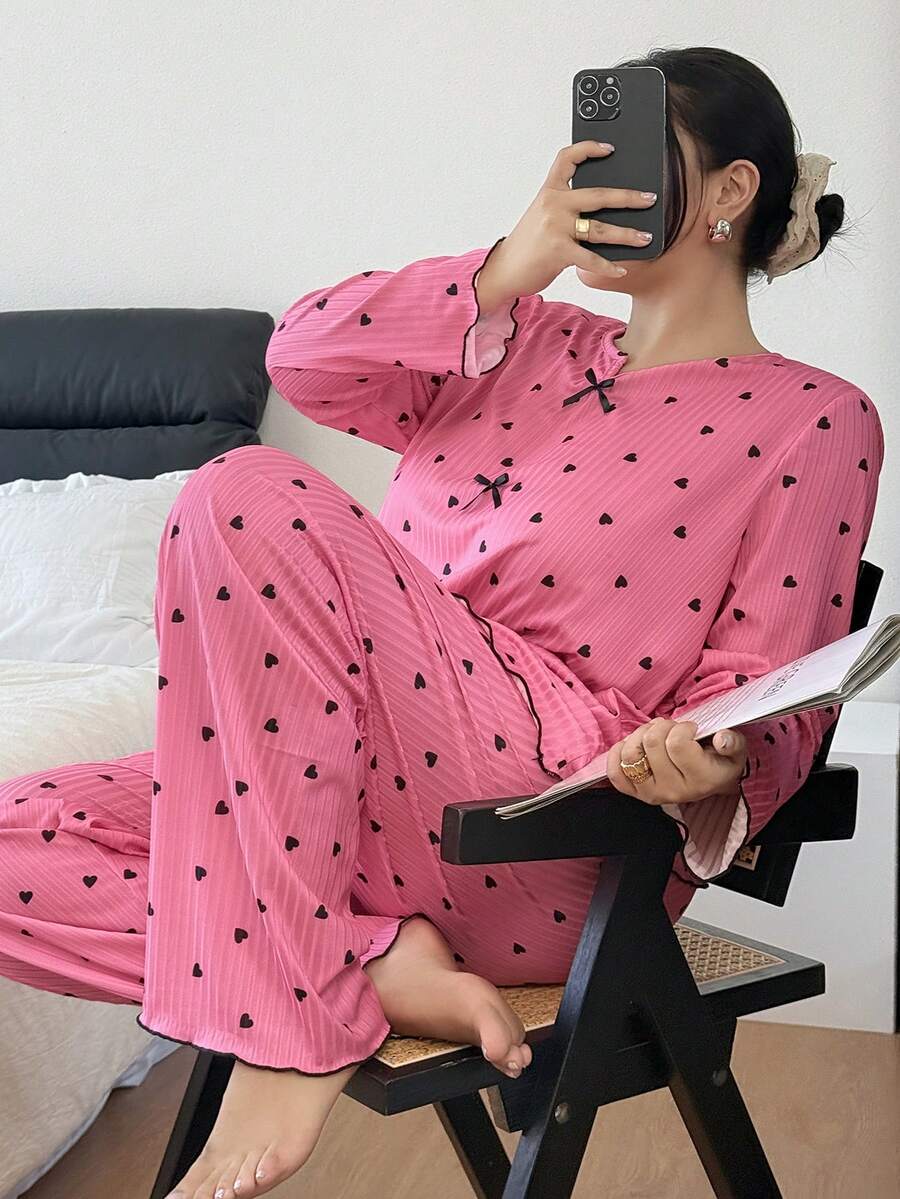 Plus Size Women Ribbed Ruffle Trim Heart Print Long Sleeve Top & Pants Pajama Set With Bow, Winter Clothes