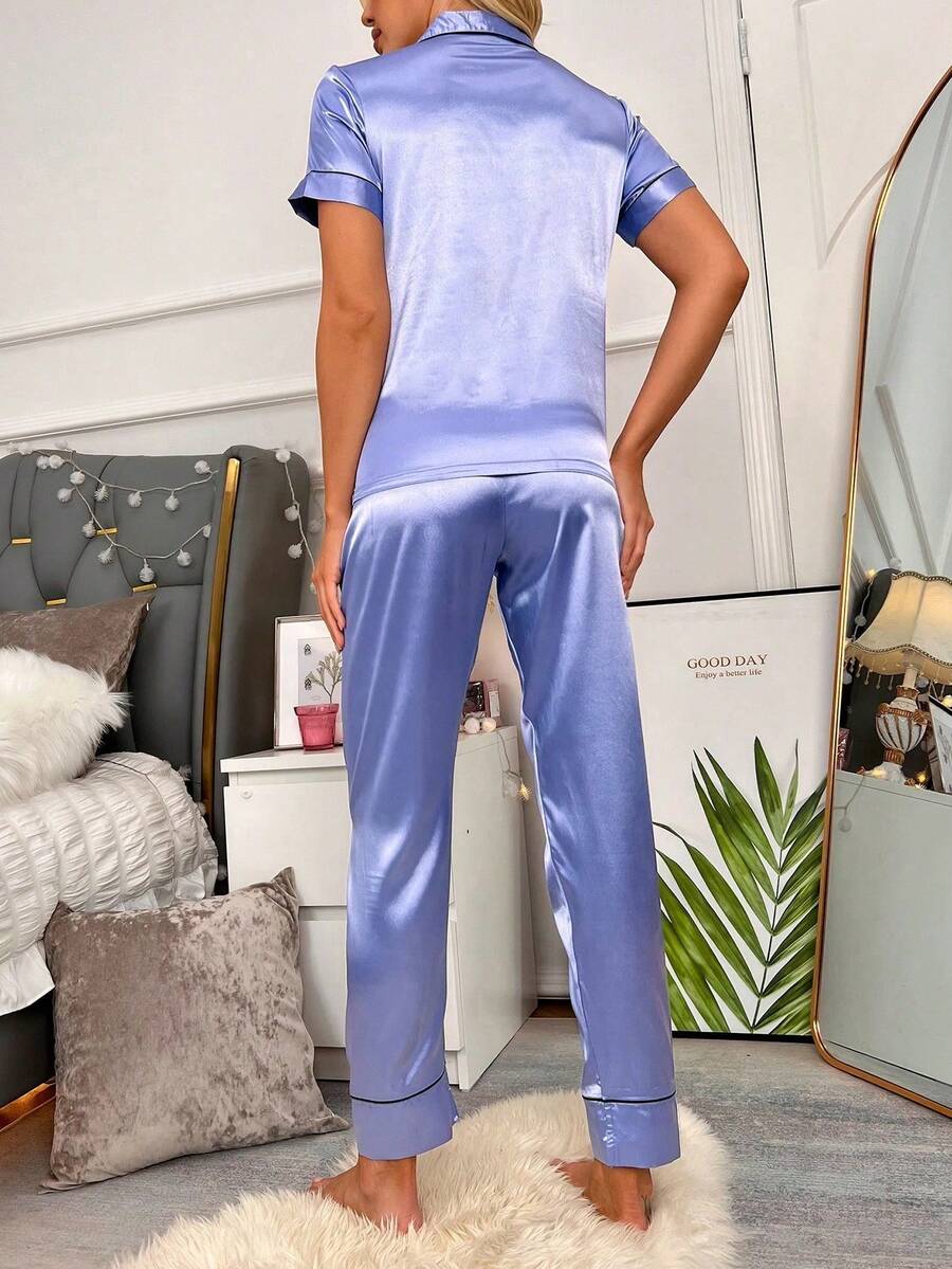 Heart Embroidery Piping Trim Satin Pajama Set