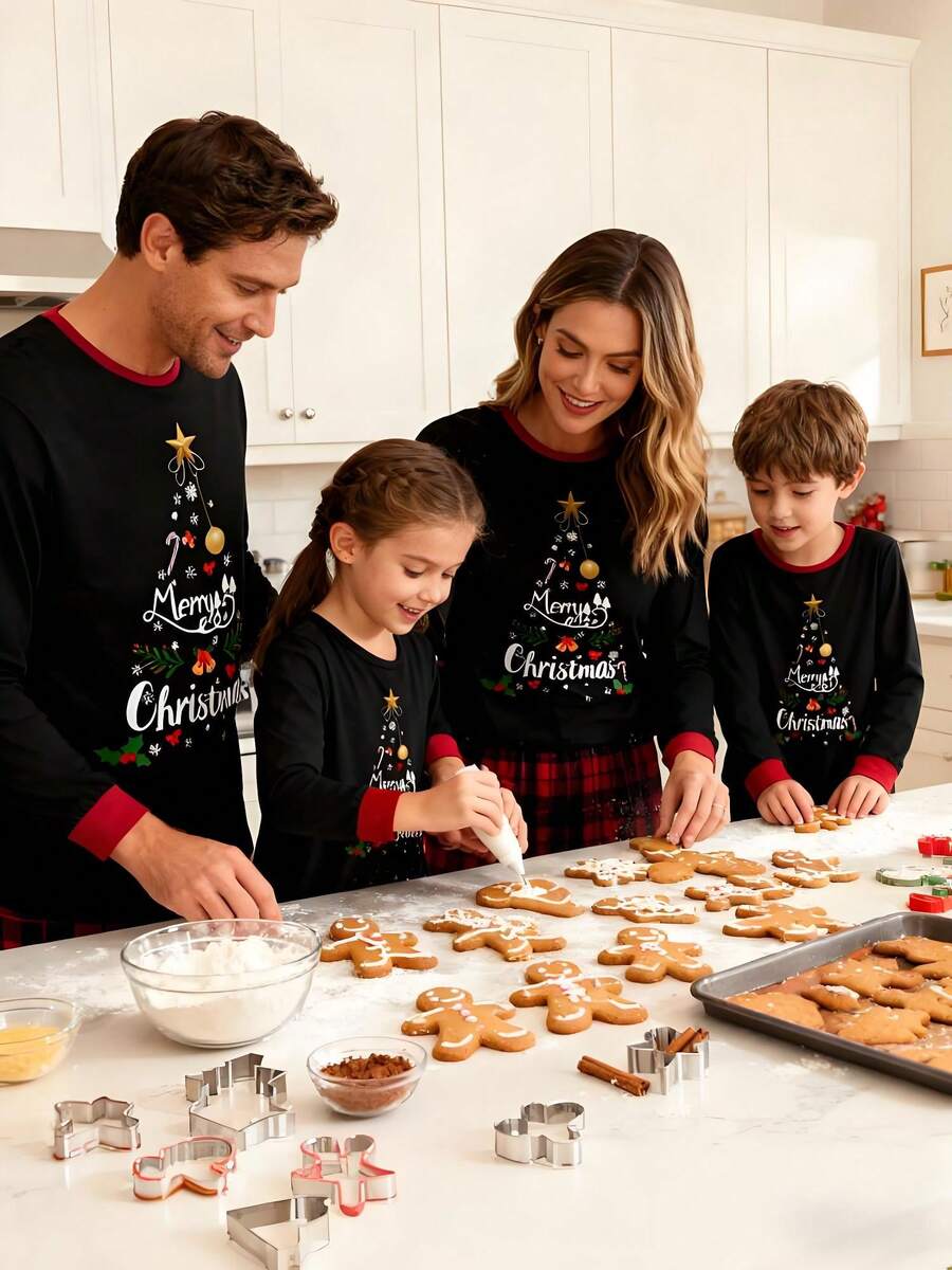 Christmas Pajama Set For Parents And Children - Long-Sleeved Top With Letter And Snowflake Print + Plaid Trousers, Soft Pure Cotton Loungewear, Suitable For A Family Of Four. Homewear Set, Parent-Child Set.