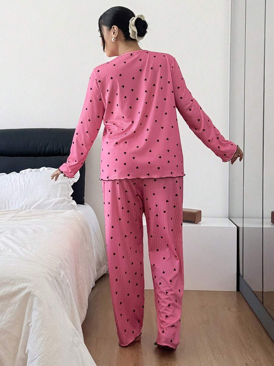 Plus Size Women Ribbed Ruffle Trim Heart Print Long Sleeve Top & Pants Pajama Set With Bow, Winter Clothes