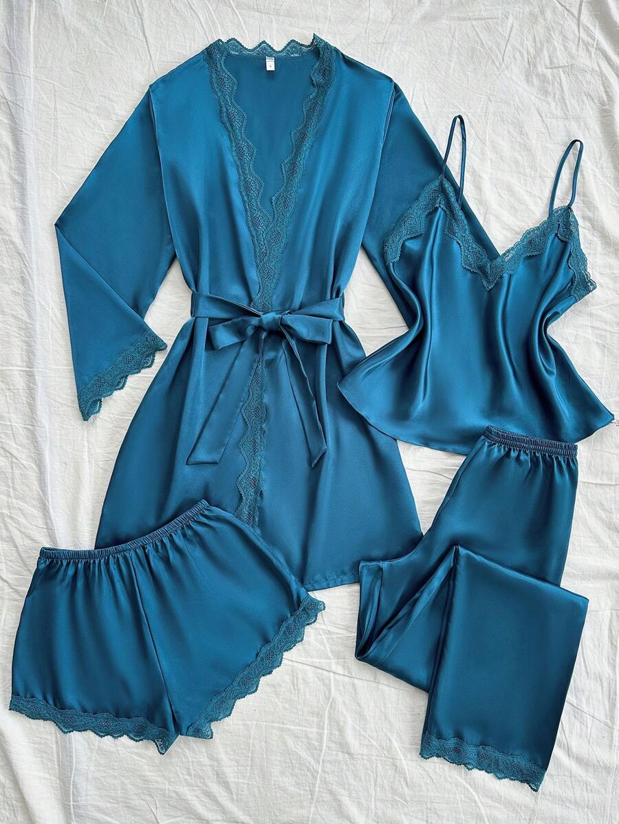 4pcs Pajama Set Lace Patchwork Faux Silk Camisole, Shorts, Pants And Belted Robe, Fall Winter Clothes 4pcs Pajama Set Lace Patchwork Faux Silk Camisole, Shorts, Pants And Belted Robe, Fall Winter Clothes