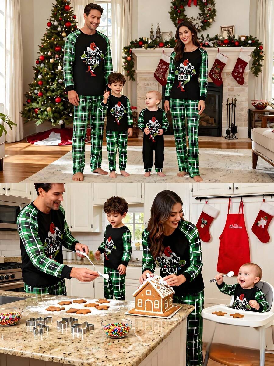 Christmas Parent-Child Pajama Set, Including A Green Monster-Patterned Long-Sleeved Top And Plaid Trousers. Christmas Loungewear.