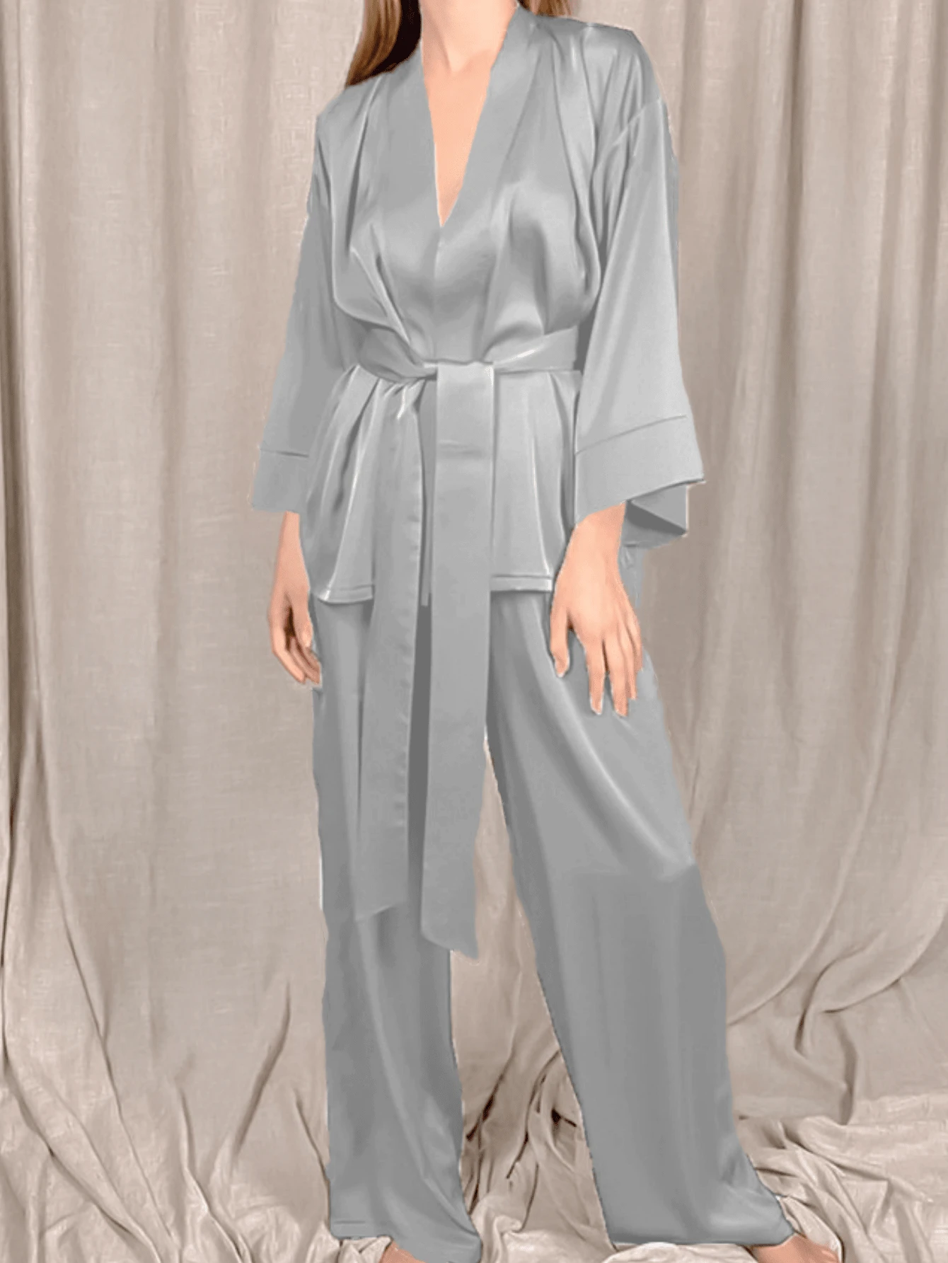 2pcs Women Solid Color Ice Silk Tied Long Sleeve Cardigan And Wide-Leg Pants Sleepwear Set, Comfy, Two Pieces Set