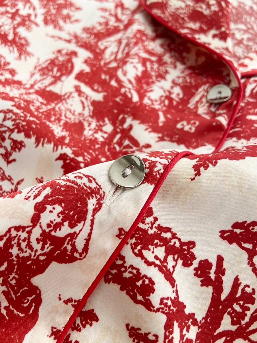 2pcs Women's Ink Printing Ice Silk Pajamas, Simple Turn-Down Collar Long Sleeve Homewear Set, Two Pieces Set