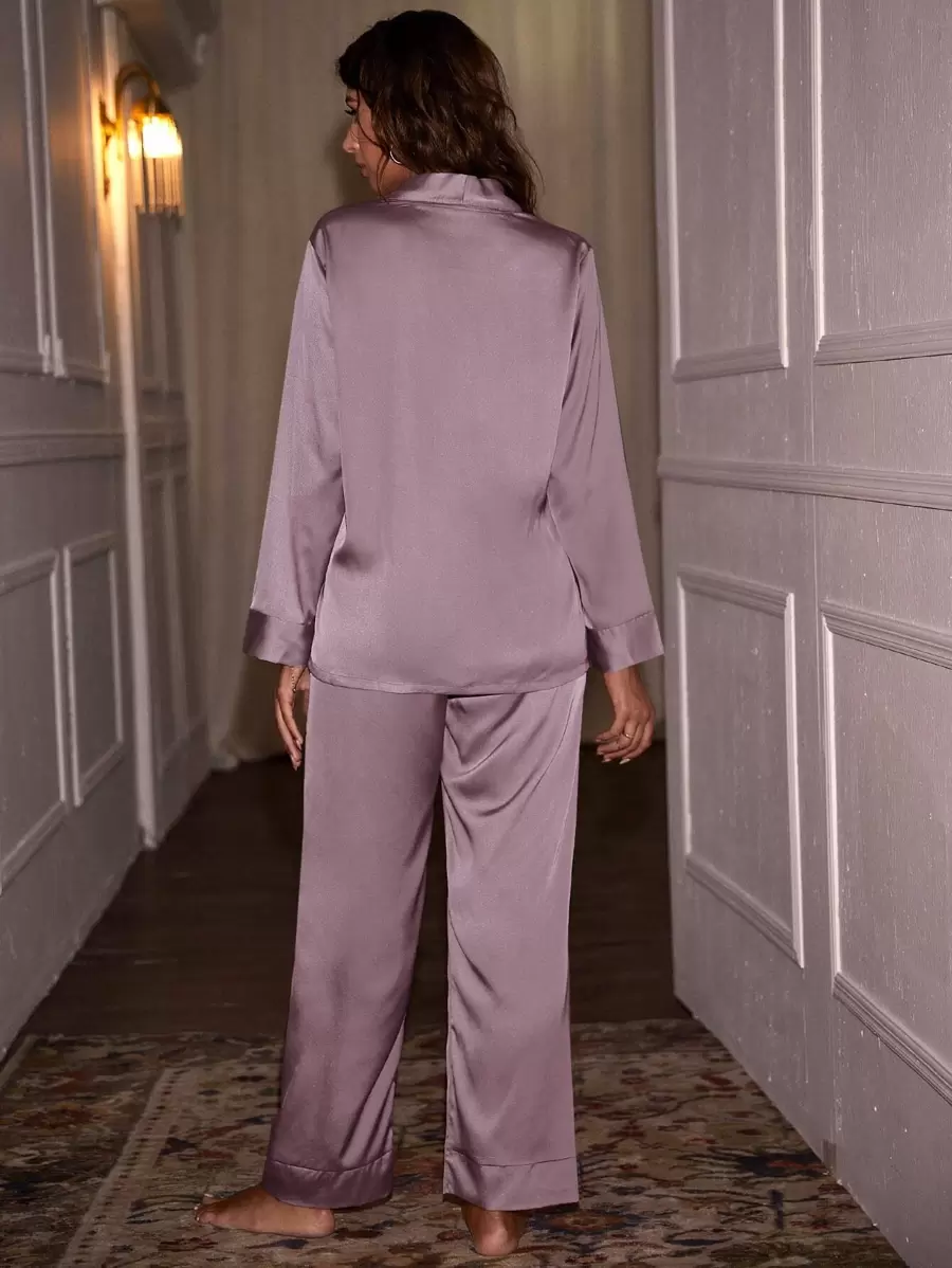 Shawl Collar Satin Pajama Set, Fall Winter Clothes