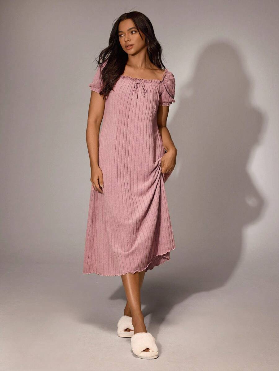 Women's Ribbed Solid Color Ruffle Trim Loose Square Neck Long Nightgown