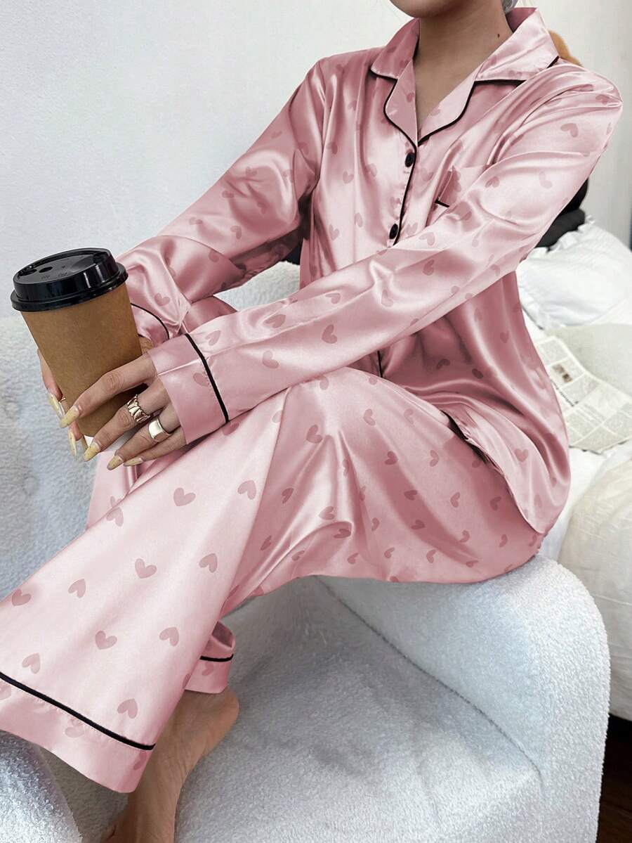 Faux Silk Heart Print Long Sleeve & Pants Pajama Set