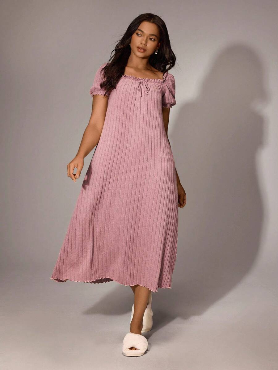 Women's Ribbed Solid Color Ruffle Trim Loose Square Neck Long Nightgown