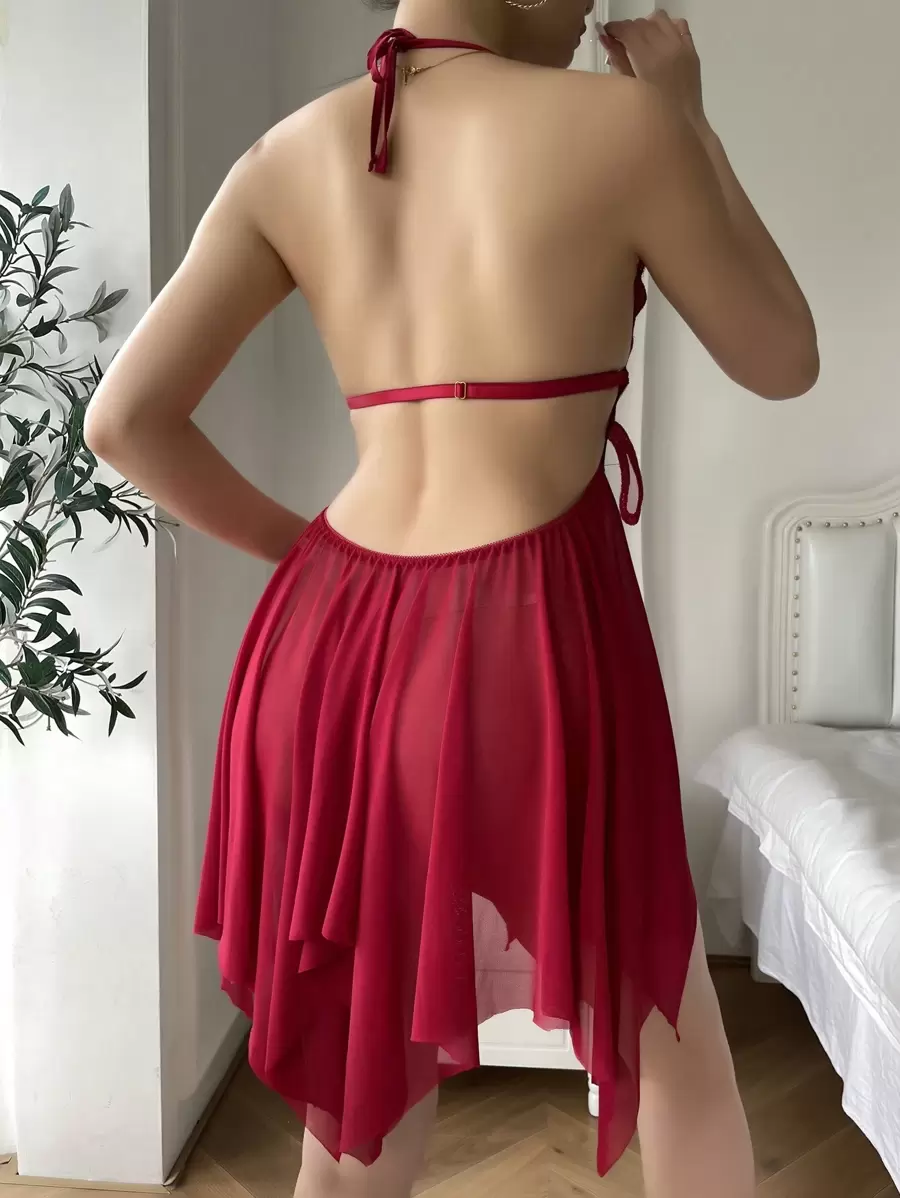 Women's mesh halter neck tie sexy pajamas nightdress