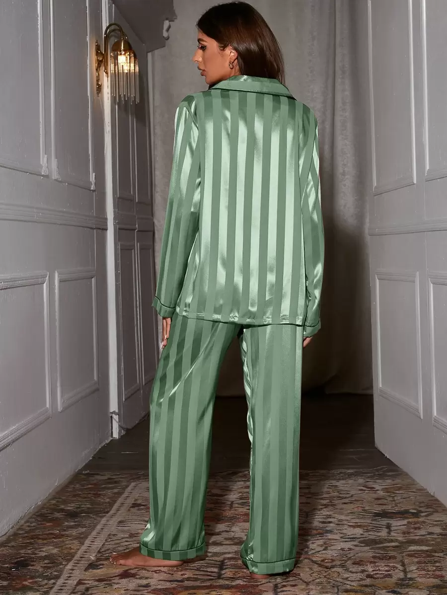 Contrast Binding Satin Pajama Set, Fall Winter Clothes