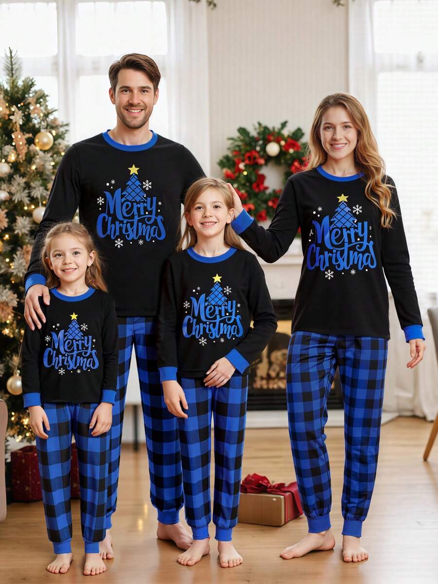 Christmas Parent-Child Pajama Set: Long-Sleeved Top With Star, Moon, And Tree Print Paired With Buffalo Plaid Trousers.