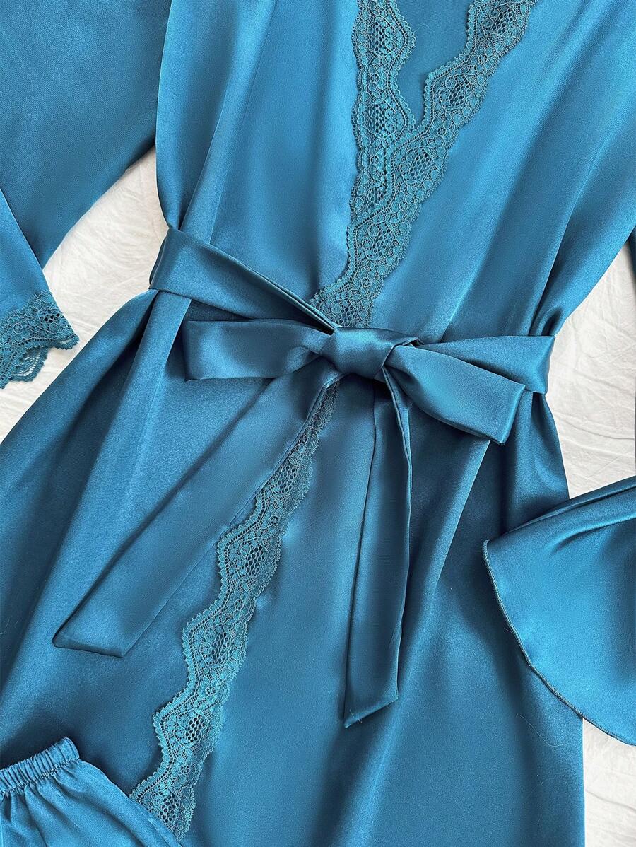 4pcs Pajama Set Lace Patchwork Faux Silk Camisole, Shorts, Pants And Belted Robe, Fall Winter Clothes 4pcs Pajama Set Lace Patchwork Faux Silk Camisole, Shorts, Pants And Belted Robe, Fall Winter Clothes