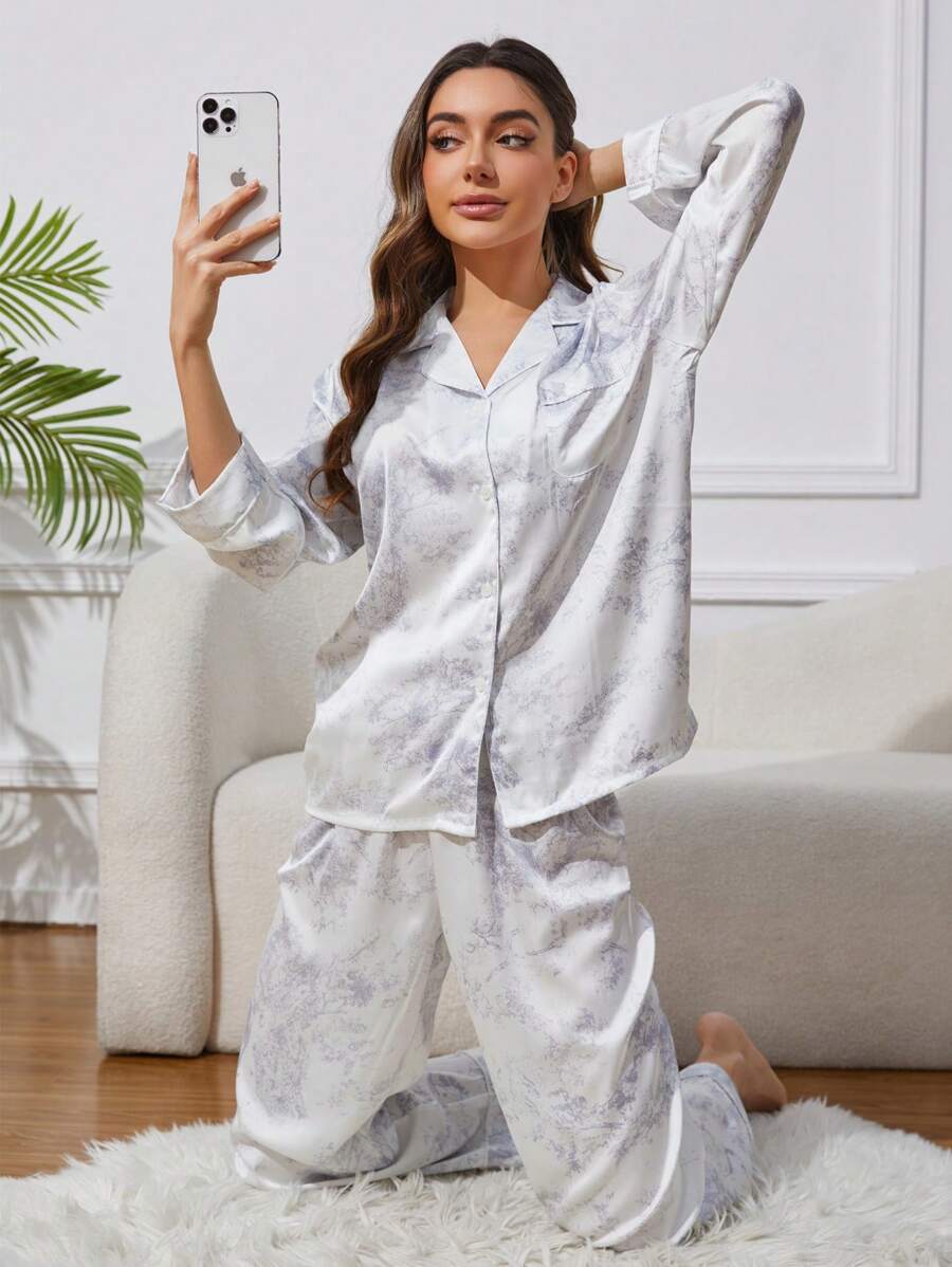 2pcs Women's Ink Printing Ice Silk Simple Home Wear Long Sleeve Top And Pants, Two Pieces Set