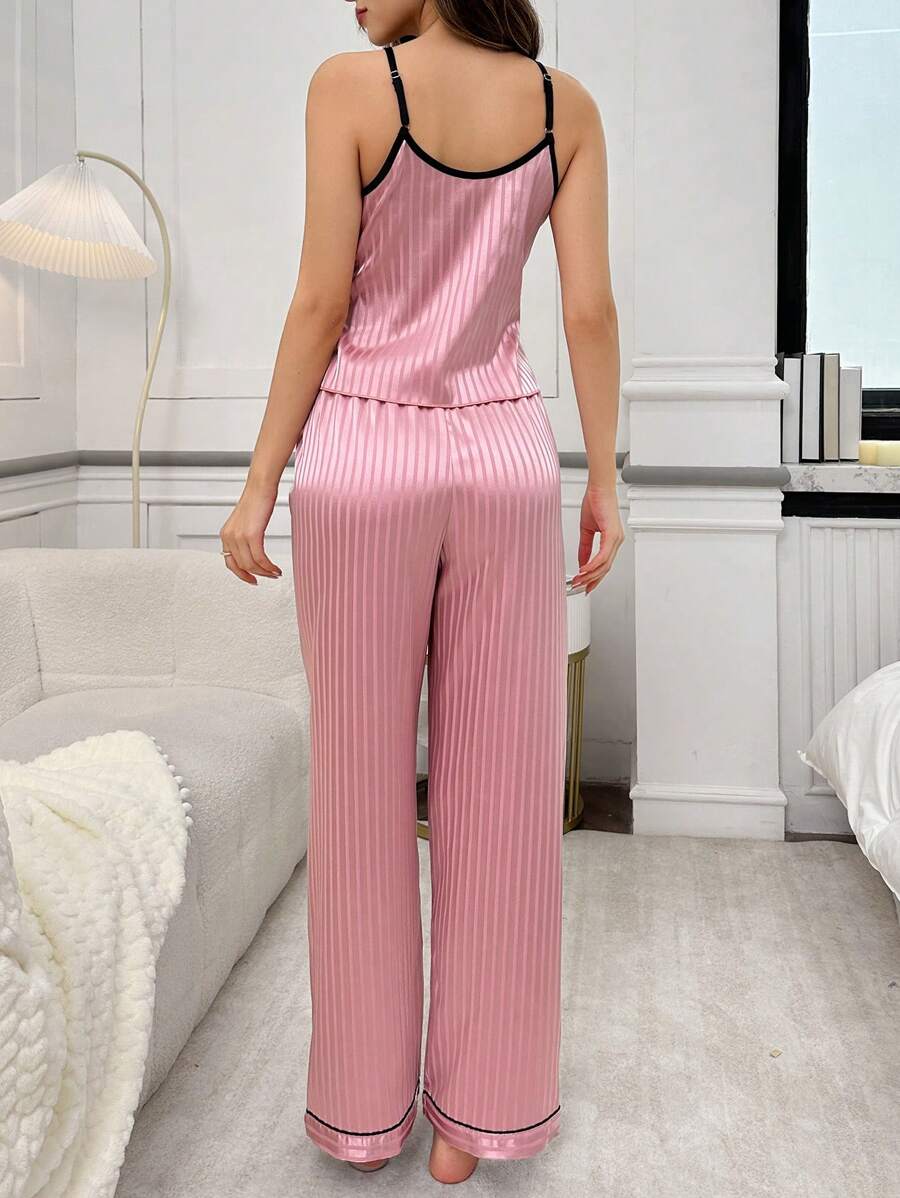 Ladies English Embroidered Faux Silk Striped Camisole Top & Pants Pajama Set