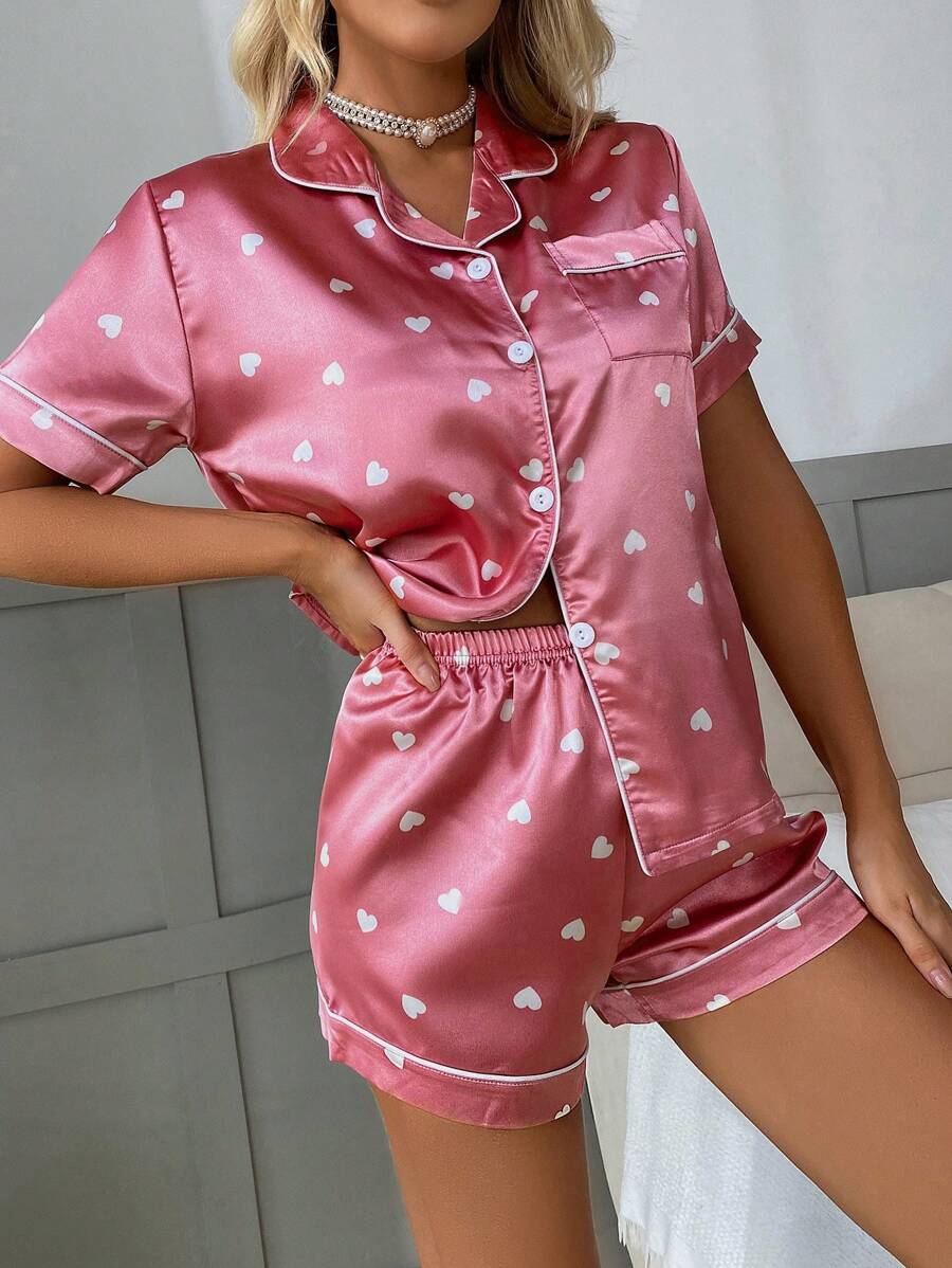 Imitated Silk Heart Print Short Sleeve Top And Shorts Pajamas Set