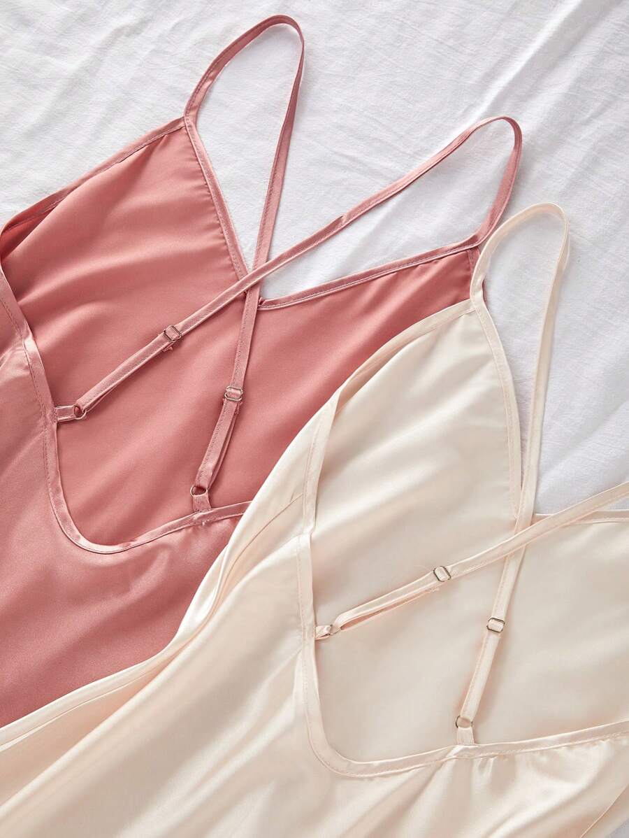 Women's spaghetti strap backless gentle and sweet solid color cross shoulder strap satin nightgown two colors