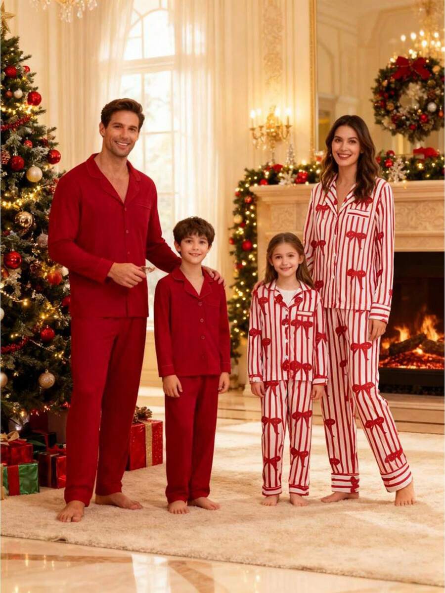 Christmas Family Casual Shirt Set, Long-Sleeved Collared Button-Down Shirt + Trousers, Two-Piece Set, Bow Tie Solid Color. Parent-Child Set, Christmas Family Parent-Child Set.