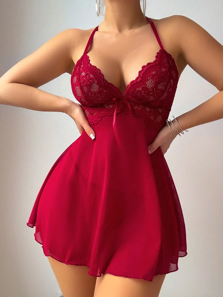 Sexy lace and mesh backless A-line skirt suit, burgundy