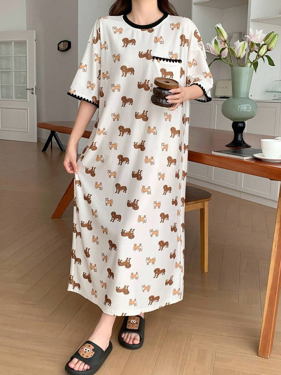 Puppy Print Embroidered Contrast Trim Loose Women's Nightgown Pajamas