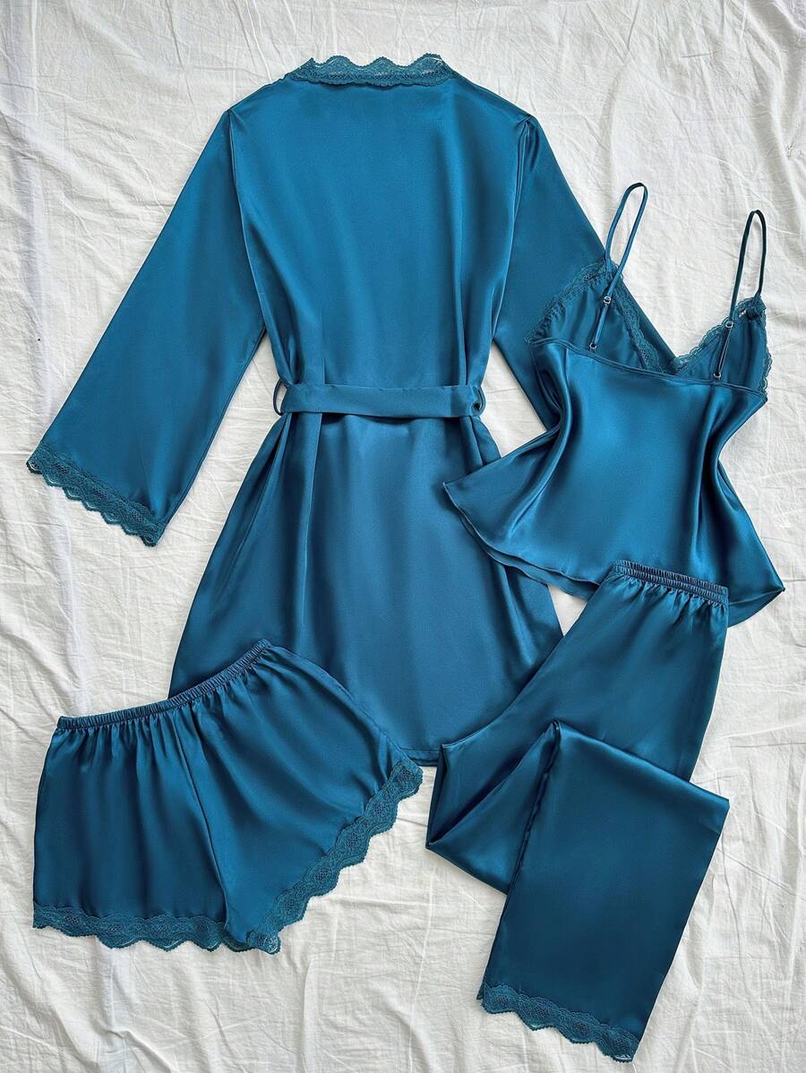 4pcs Pajama Set Lace Patchwork Faux Silk Camisole, Shorts, Pants And Belted Robe, Fall Winter Clothes