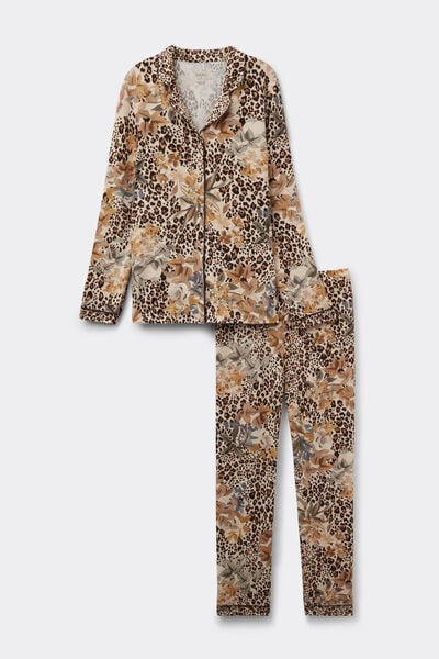 Simply Iconic Button Up Full Length Pajamas in Animal Print Modal