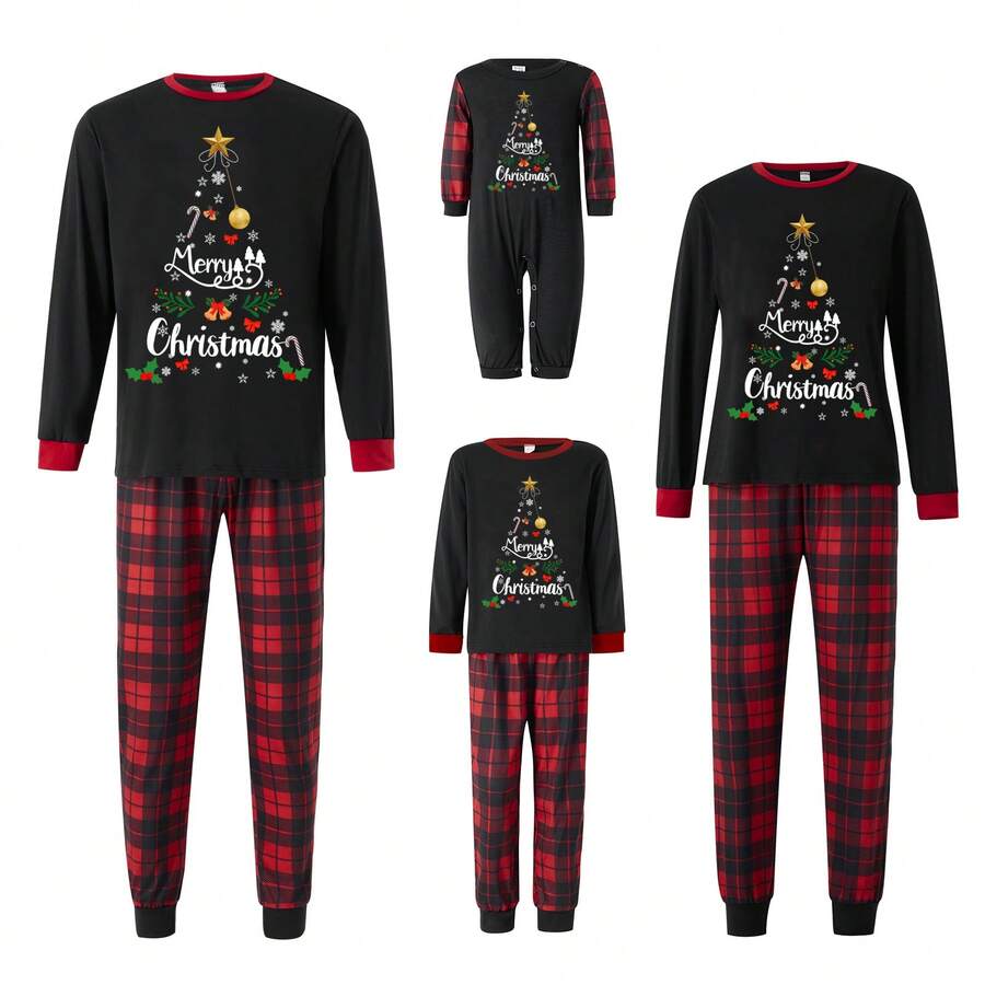 Christmas Pajama Set For Parents And Children - Long-Sleeved Top With Letter And Snowflake Print + Plaid Trousers, Soft Pure Cotton Loungewear, Suitable For A Family Of Four. Homewear Set, Parent-Child Set.