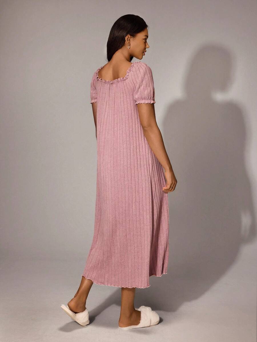 Women's Ribbed Solid Color Ruffle Trim Loose Square Neck Long Nightgown