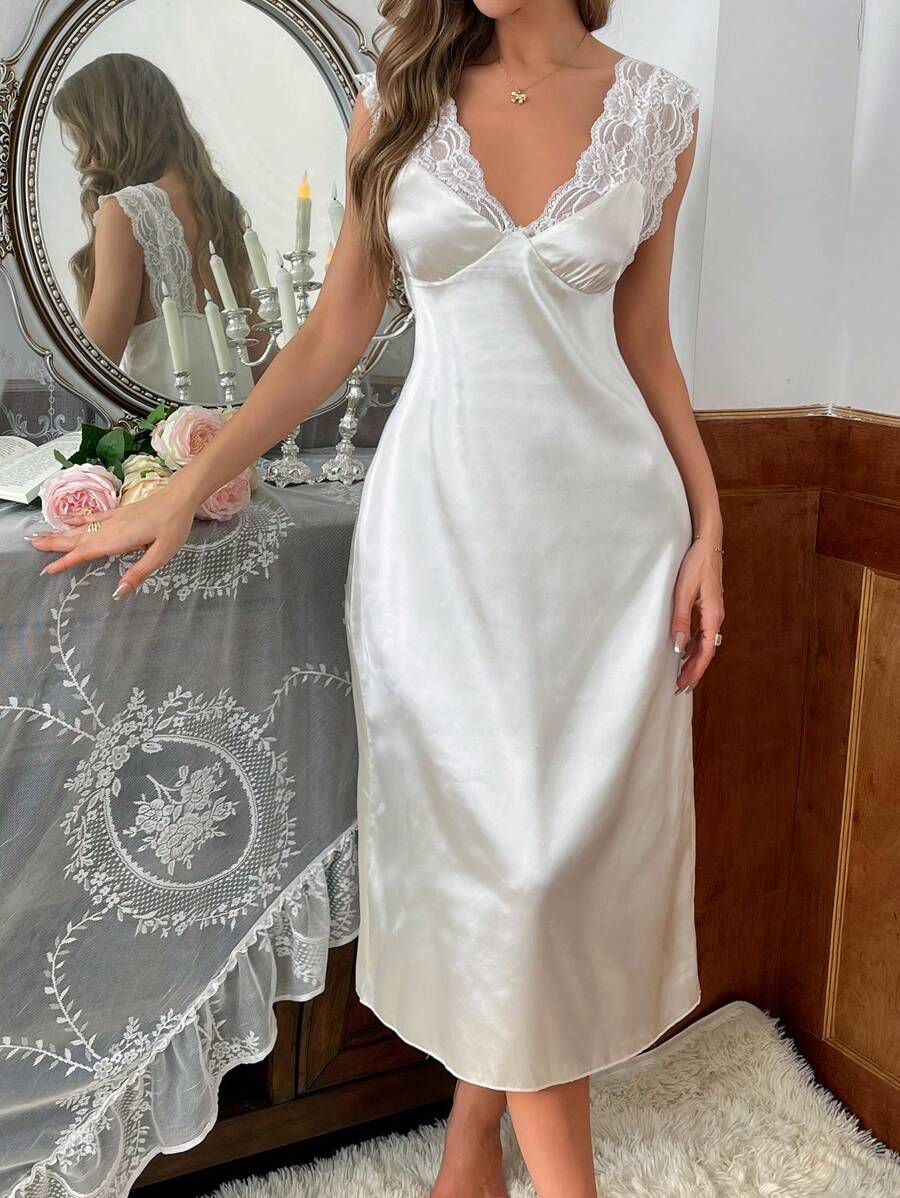 Women's summer sleeveless lace patchwork nightgown, luxury home wear