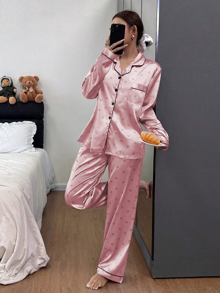 Faux Silk Heart Print Long Sleeve & Pants Pajama Set