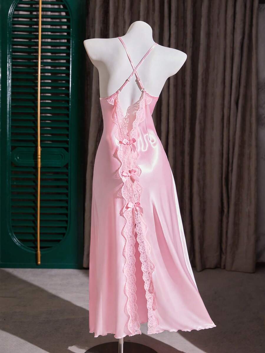 Backless bow lace stitching imitation silk sexy nightgown