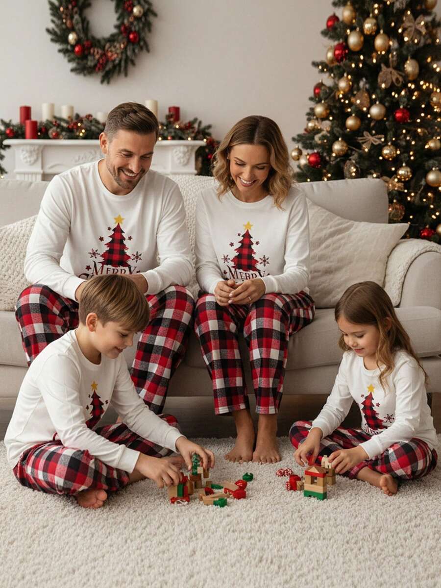 Christmas Parent-Child Pajama Set, Christmas Pajamas, Family-Friendly Christmas Pajamas, Christmas Family Pajama Set, Featuring A Long-Sleeved Top With Christmas Tree Letter Patterns And Plaid Pants. Suitable For A Family Of Four, This Christmas Pajama Se