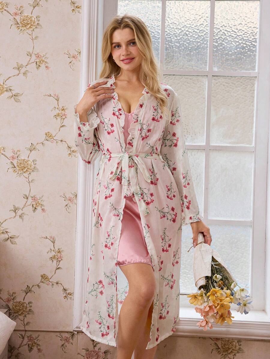 Two-piece floral print sheer jacket and satin slip dress set